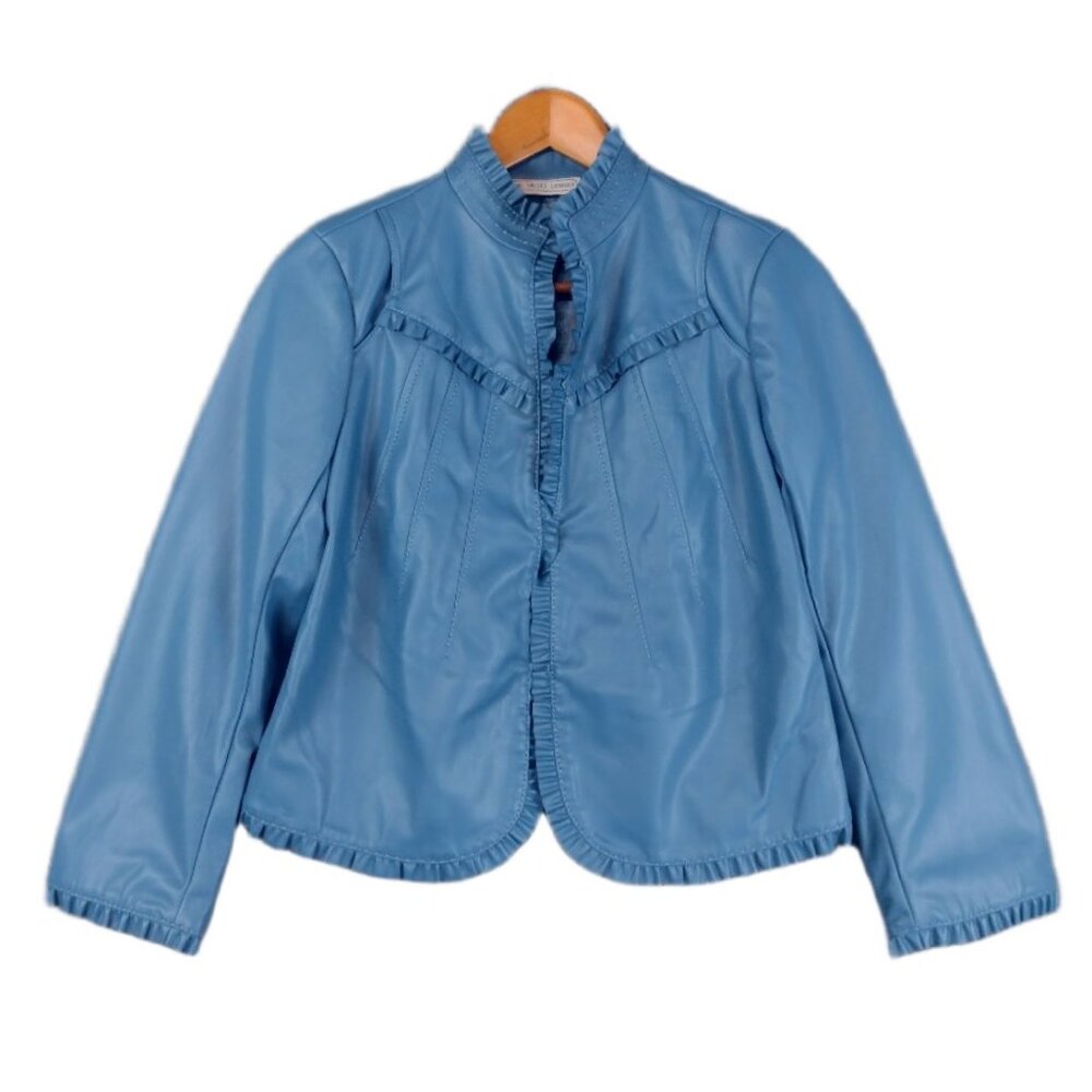 The Muses Lounge Blue Faux Leather Jacket Ruffle Lined XS